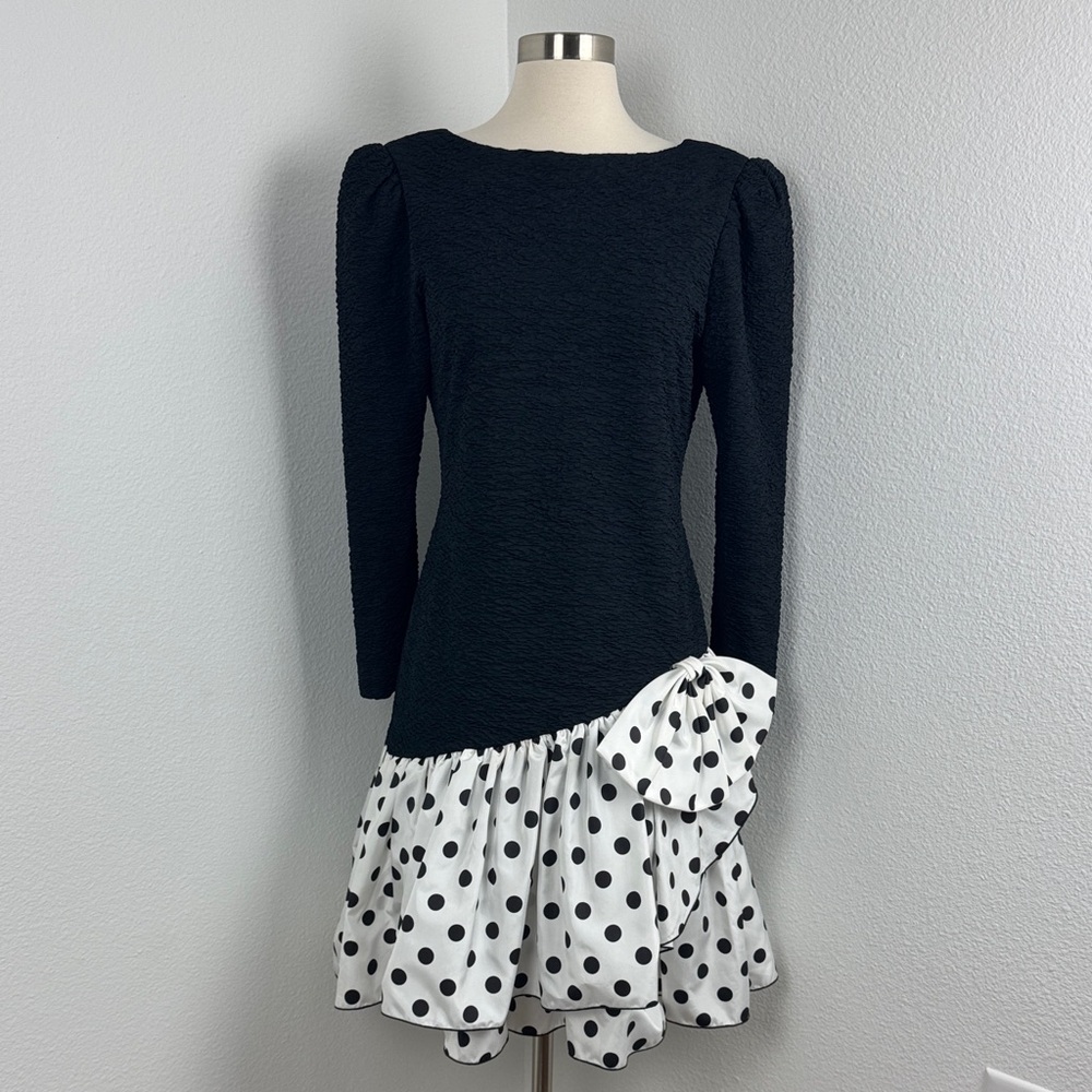 Vintage Darcy Union Made 80s Black and White Polka Dot Party Dress, Sz 9/10